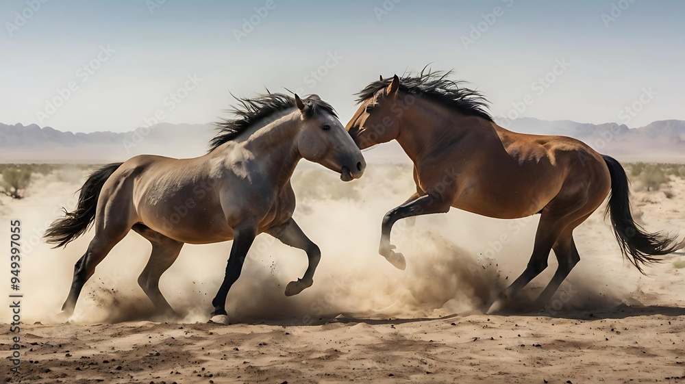 Fototapeta premium Wild Stallions Fighting in a Dusty Desert Landscape