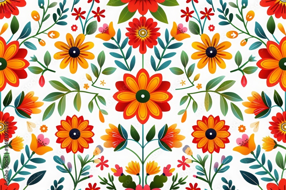 pattern featuring vibrant floral motifs and intricate geometric shapes, bright colors of red, green, and yellow, detailed textures, on a white background. pattern featuring vibrant floral motifs and intricate geometric shapes, bright colors of red, green, and yellow, detailed textures, on a white background.