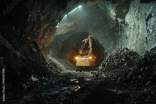 A tunnel boring machine is surrounded by heaps of excavated material as it drills through a subterranean rock photo