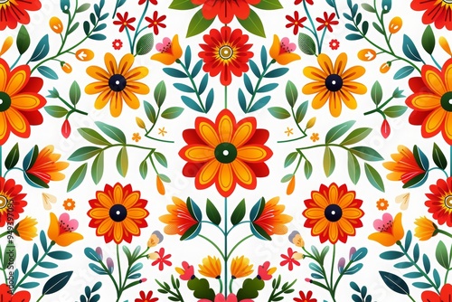 Wallpaper Mural pattern featuring vibrant floral motifs and intricate geometric shapes, bright colors of red, green, and yellow, detailed textures, on a white background. Torontodigital.ca