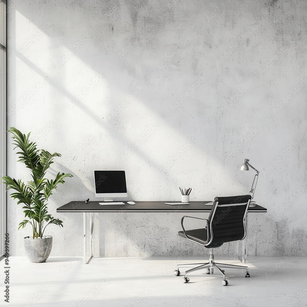 Fototapeta premium Modern Minimalist Home Office Workspace with Desk Chair and Plant