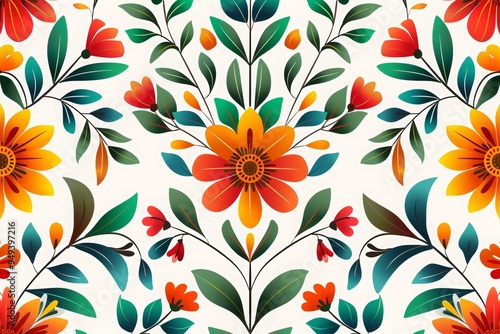 pattern featuring vibrant floral motifs and intricate geometric shapes, bright colors of red, green, and yellow, detailed textures, on a white background.