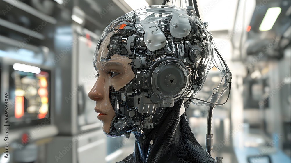Close up portrait of a futuristic cyborg or with intricate technological components circuits and gears visible in a high tech modern and innovative design Close up portrait of a futuristic cyborg or with intricate technological components circuits and gears visible in a high tech modern and innovative design