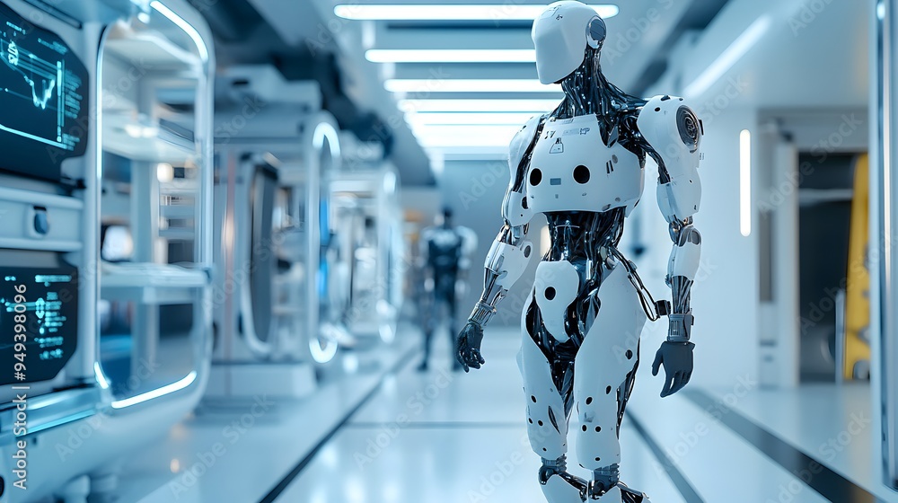 Futuristic humanoid robot with metallic body and glowing accents walking down a high tech industrial style corridor Advanced intelligence and automation concept Futuristic humanoid robot with metallic body and glowing accents walking down a high tech industrial style corridor Advanced intelligence and automation concept