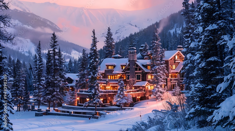 Cozy wooden lodge sits nestled in a snowy mountain forest at dusk with a warm glow emanating from windows. Cozy wooden lodge sits nestled in a snowy mountain forest at dusk with a warm glow emanating from windows.
