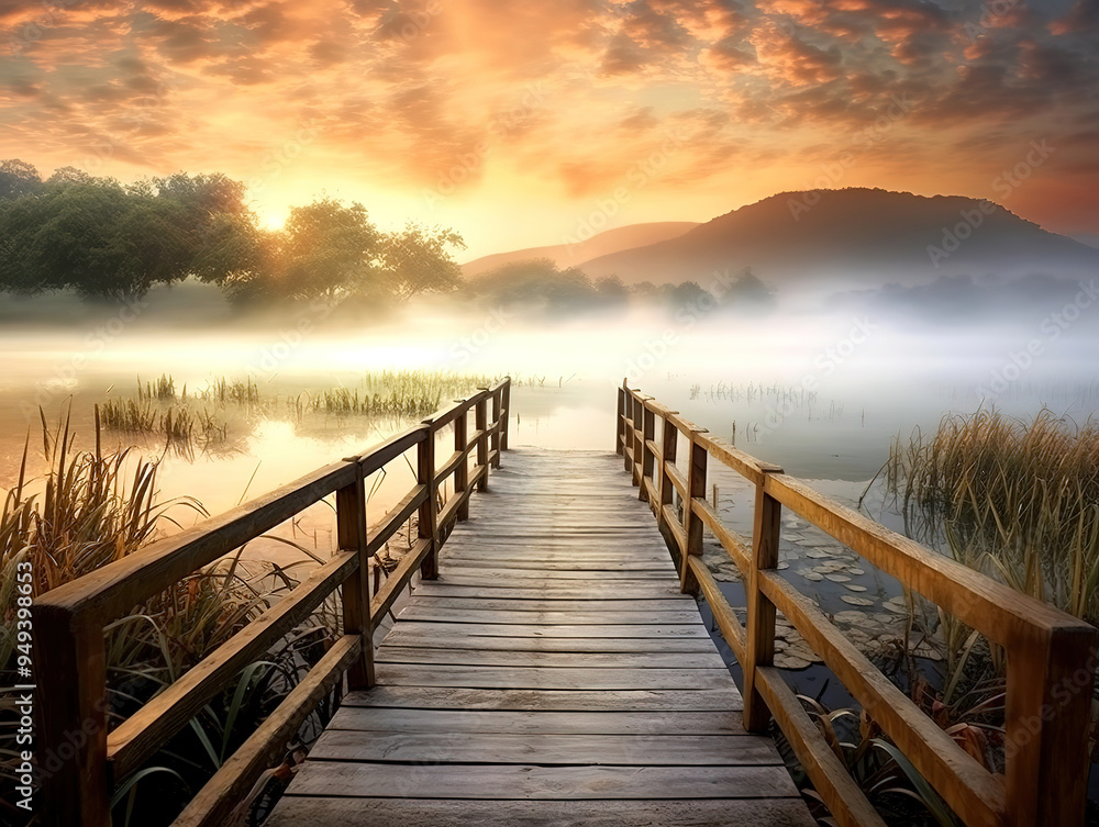 Fototapeta premium Pier over lake against sky during sunset, Bridge over the river wallpaper