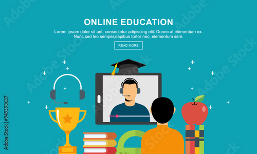 Flat education, distance tutor, mobile education, e-learning concept. Vector icon banners template