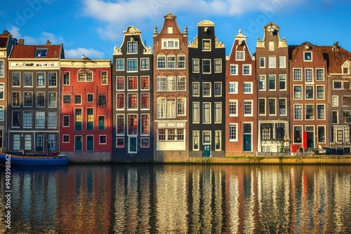 Colorful Canal-Side Row Houses Reflecting in Water