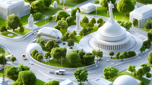 Isometric cityscape with a grand boulevard lined with trees and statues photo