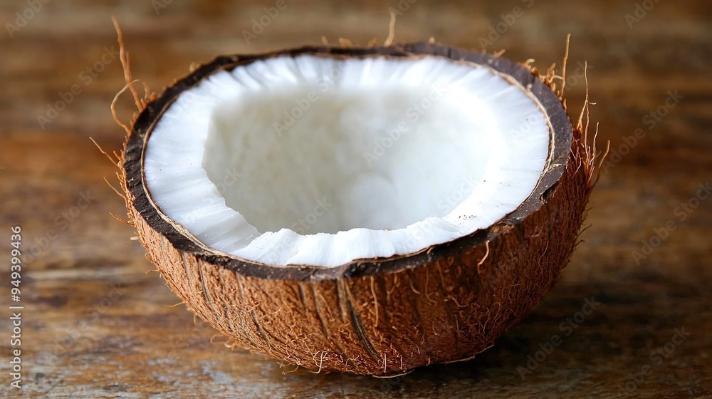 Detailed Close-Up of Half a Coconut, Showcasing the Texture of the Outer Shell and the Fresh, White Flesh Inside. The Image Highlights the Natural Beauty and Nutritious Appeal of This Tropical Fruit Detailed Close-Up of Half a Coconut, Showcasing the Texture of the Outer Shell and the Fresh, White Flesh Inside. The Image Highlights the Natural Beauty and Nutritious Appeal of This Tropical Fruit