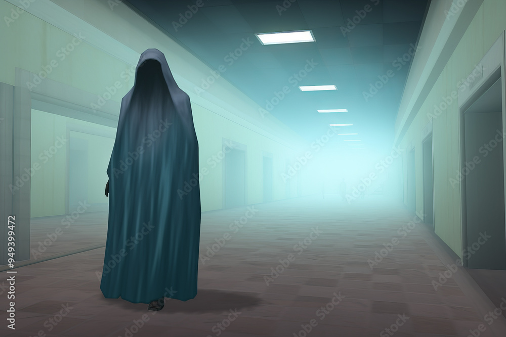 Hooded Figure in Foggy Hallway with Mysterious Ambiance. Halloween theme Hooded Figure in Foggy Hallway with Mysterious Ambiance. Halloween theme