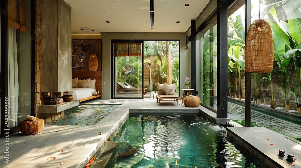 custom made wallpaper toronto digitalModern villa featuring a private pool lush tropical garden and luxurious interior design. The large glass windows provide a seamless transition between the indoor and outdoor spaces.