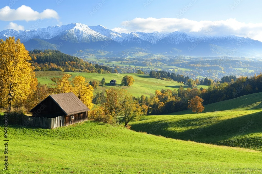 Rustic Cabin in a Verdant Valley with Snowy Mountain Peaks in the Distance Rustic Cabin in a Verdant Valley with Snowy Mountain Peaks in the Distance