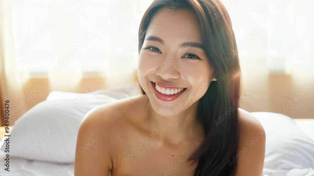 Smiling asian woman enjoying a moment of relaxation in bed Smiling asian woman enjoying a moment of relaxation in bed