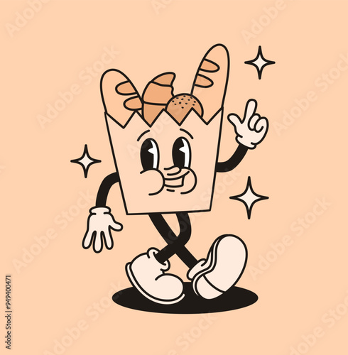Groovy retro character bag with baked goods. Flat vector illustration.