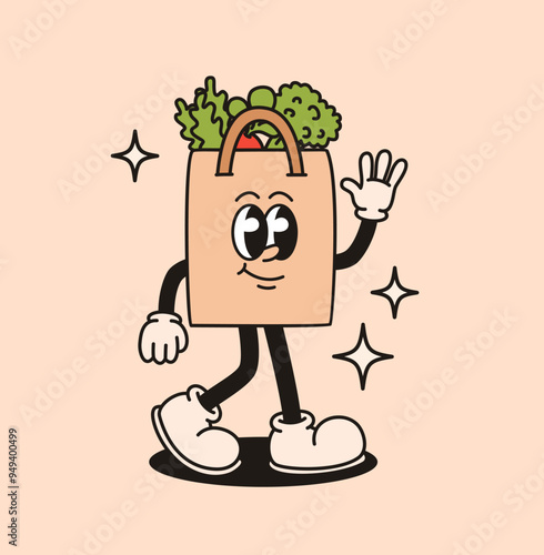 Groovy retro character grocery bag. Flat vector illustration.