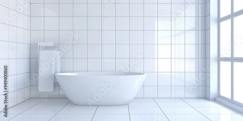 Modern Bathroom Interior with Bathtub White Tiles and Large Window