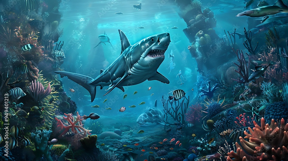 Fototapeta premium Vivid underwater landscape featuring Megalodon circling gigantic ancient coral reef teeming prehistoric marine life scene captures dynamic interaction between shark environment rich colors textures