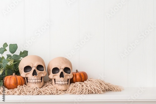 A boho-themed Halloween mantel with neutral tones, hand-painted skulls, and macrame, Halloween boho, bohemian Halloween mantel photo