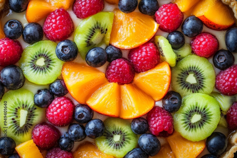 Closeup of a Fruit Tart with Kiwi, Peach, Raspberry and Blueberries. Closeup of a Fruit Tart with Kiwi, Peach, Raspberry and Blueberries.