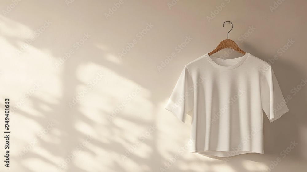 Blank white shirt on a wooden hanger against a neutral background ready for a custom design Blank white shirt on a wooden hanger against a neutral background ready for a custom design