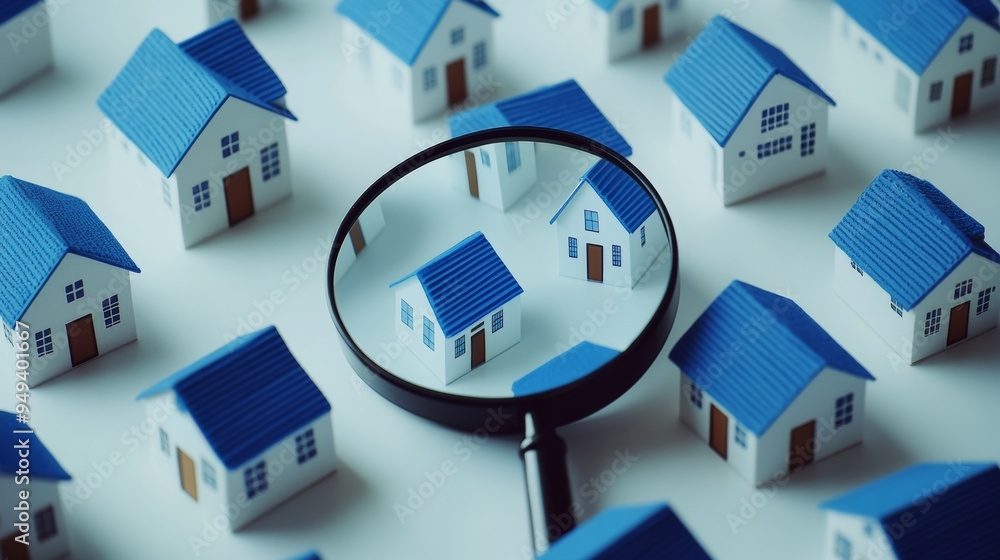 Magnifying Glass over Blue Roofed Houses on White Background Magnifying Glass over Blue Roofed Houses on White Background