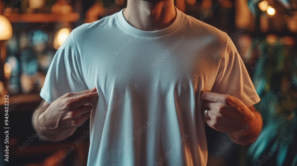 Person holding a blank shirt up to a mirror with a reflection showing possible design ideas Person holding a blank shirt up to a mirror with a reflection showing possible design ideas