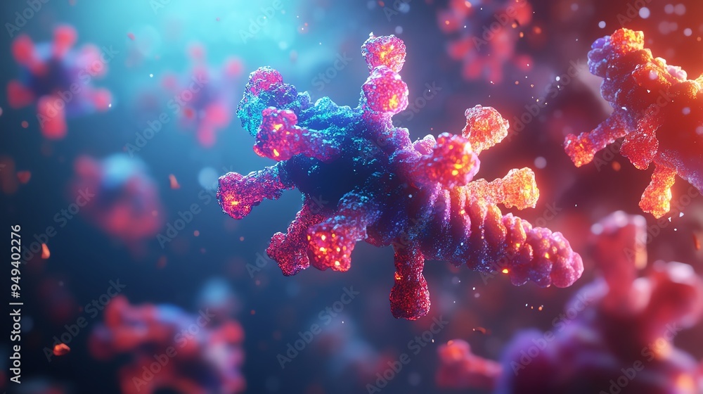 Fototapeta premium Close-up 3D illustration of antibodies attacking diseased cells under a microscope