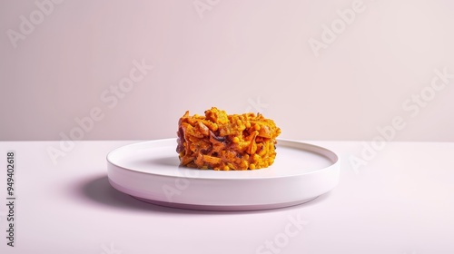 A Single Serving of Spicy Korean Ramen Noodles on a White Plate photo