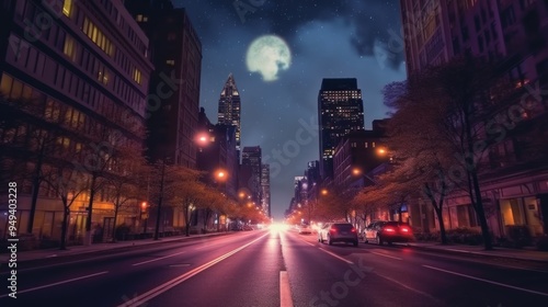 City night street scene with beautiful night sky.