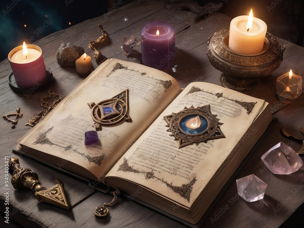 Ancient Book of Spells with Occult Symbols, Mysterious Mood, Dimly Lit Desk Ancient Book of Spells with Occult Symbols, Mysterious Mood, Dimly Lit Desk