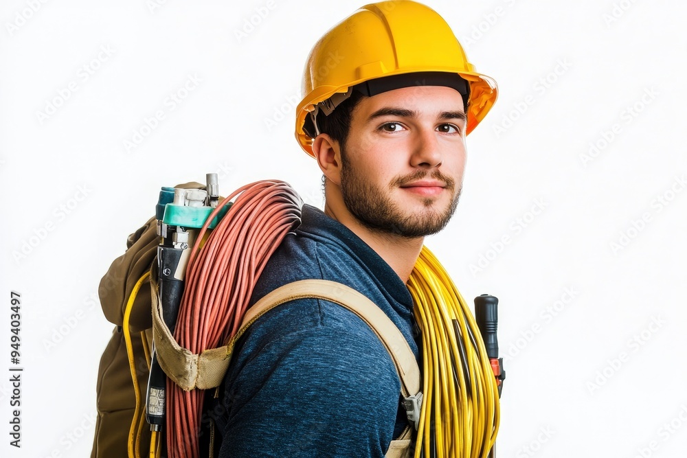 Young electrician carrying cables on shoulder isolated on white background with generative ai Young electrician carrying cables on shoulder isolated on white background with generative ai