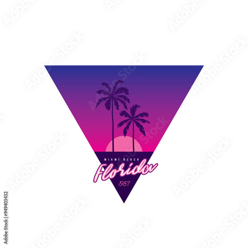 Original vector retro print isolated on white background. Palm trees on sunset background. T-shirt design.