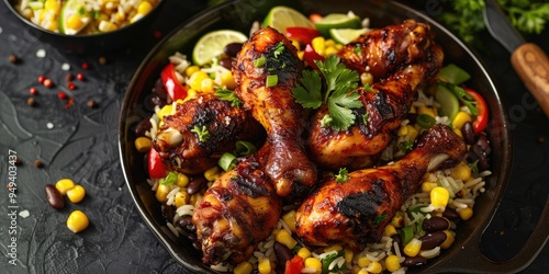 Spicy Jerk Chicken Drumsticks Accompanied by Corn and Bean Rice