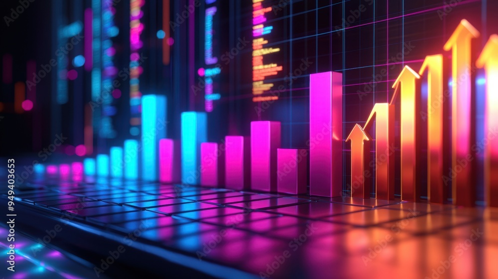 Dynamic Sales Data Analysis with Vibrant Bar Charts and Growth Arrows - 3D Illustration Concept Dynamic Sales Data Analysis with Vibrant Bar Charts and Growth Arrows - 3D Illustration Concept