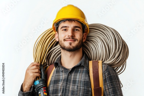 Young electrician carrying cables on shoulder isolated on white background with generative ai photo