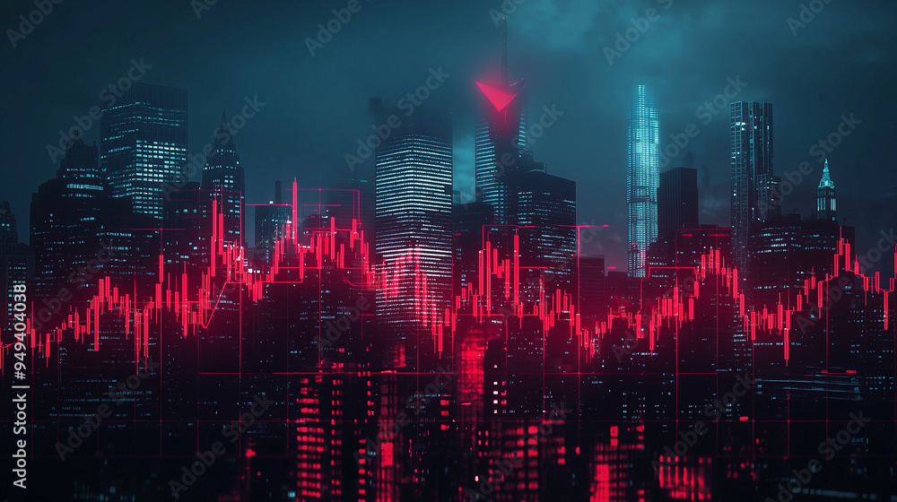 A dark cityscape with skyscrapers in shadow, with economic graphs showing steep downward trends superimposed over the scene, symbolizing an economic recession A dark cityscape with skyscrapers in shadow, with economic graphs showing steep downward trends superimposed over the scene, symbolizing an economic recession
