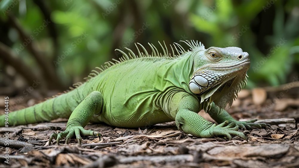 Green Iguana in jungle blurry background photo Green Iguana in jungle blurry background photo