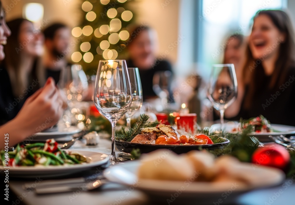 A dining table set for a festive Christmas dinner, with blurred people gathered around, laughing and talking A dining table set for a festive Christmas dinner, with blurred people gathered around, laughing and talking