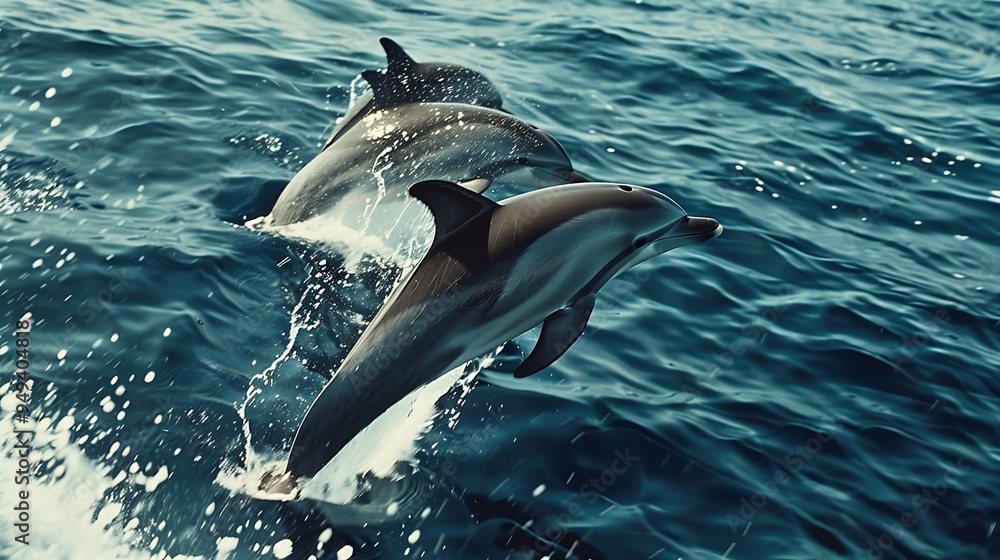 Obraz premium Three dolphins leap through the waves in a breathtaking display of marine life. The vibrant blue water creates a stunning backdrop for this joyful moment.