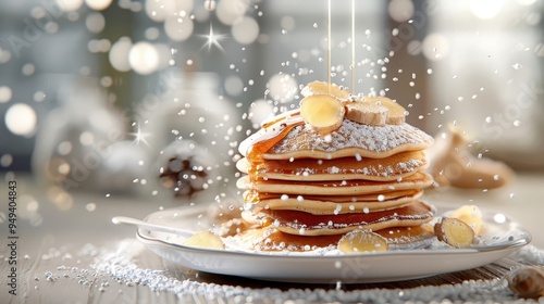 Ginger jam drizzled over fluffy pancakes, with fresh ginger shavings and a light sprinkle of powdered sugar.