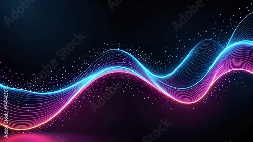 Abstract background. Wave of blue and purple neon lights draw beautiful lines. Particles floating.