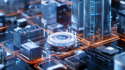 Isometric cityscape featuring a tech district with towering glass buildings and advanced infrastructure