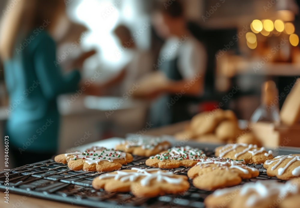 A festive kitchen scene with Christmas cookies being decorated, blurred people baking in the background A festive kitchen scene with Christmas cookies being decorated, blurred people baking in the background