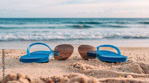 Sunglasses and Flip Flops on Summer Beach Background with Copy Space