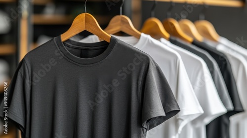 Blank shirt hanging on a rack alongside other plain garments ready for custom printing photo