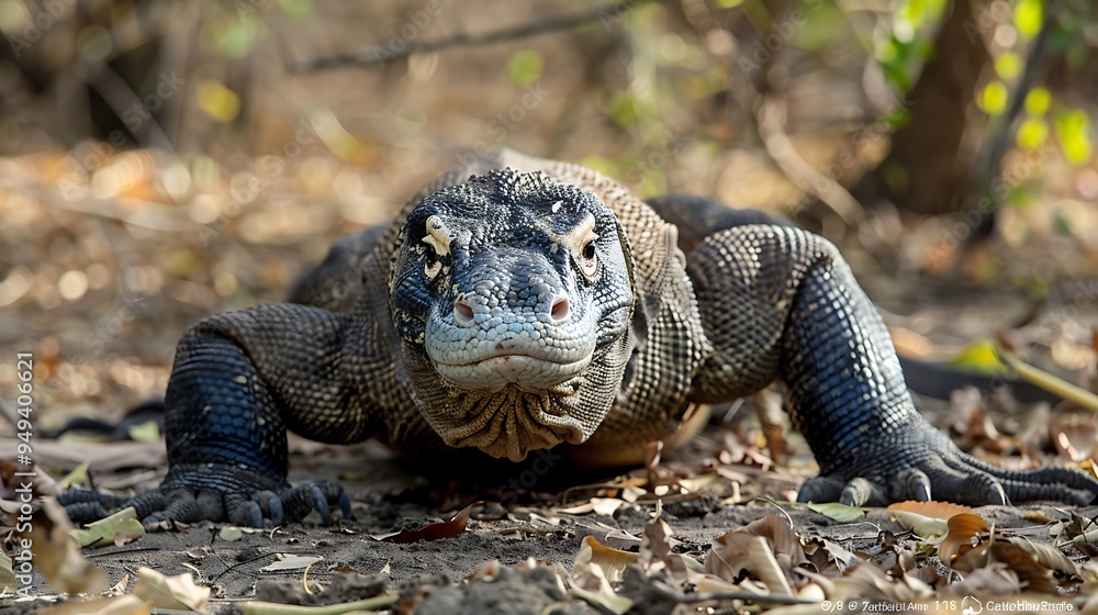 Portrait of a Komodo dragon a large lizard native to the Indonesian islands of Komodo Flores Gili. The dragon walking towards the camera scales and claws visible. Portrait of a Komodo dragon a large lizard native to the Indonesian islands of Komodo Flores Gili. The dragon walking towards the camera scales and claws visible.