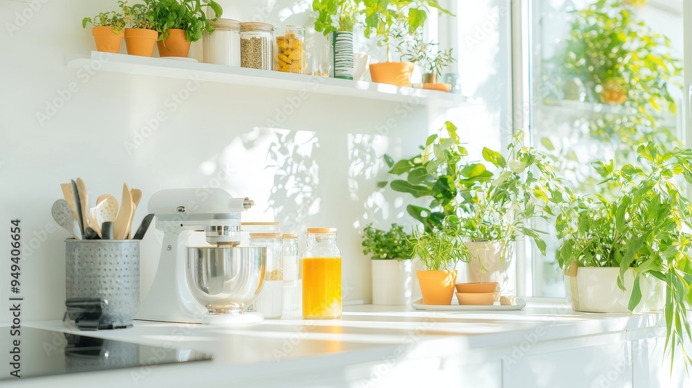 Modern Kitchen with Stand Mixer Houseplants and Sunlight Modern Kitchen with Stand Mixer Houseplants and Sunlight