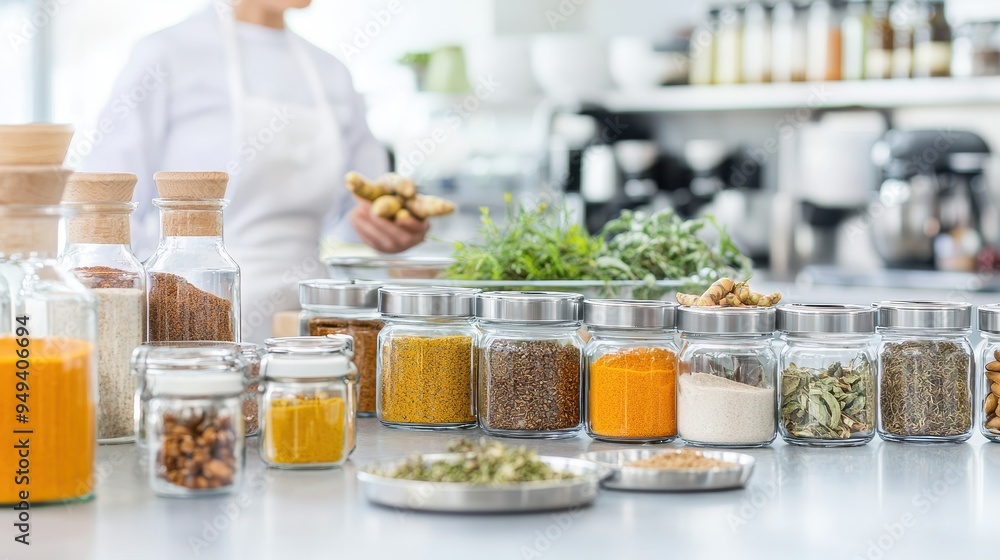 Spices and Herbs in Glass Jars on Kitchen Counter Spices and Herbs in Glass Jars on Kitchen Counter