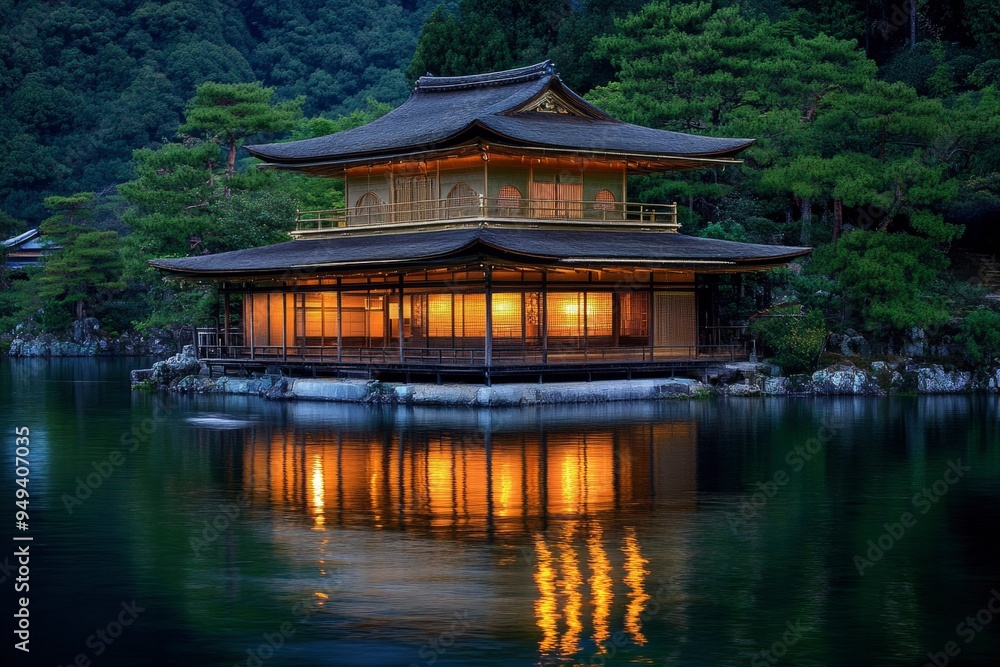 Illuminated Golden Pavilion Reflecting on a Tranquil Pond Illuminated Golden Pavilion Reflecting on a Tranquil Pond